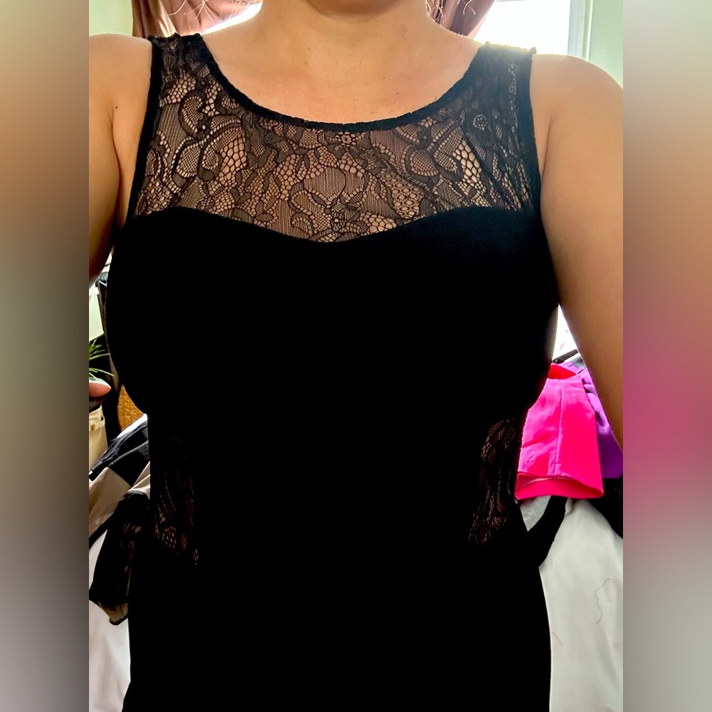 Lace inserts black flare dress
